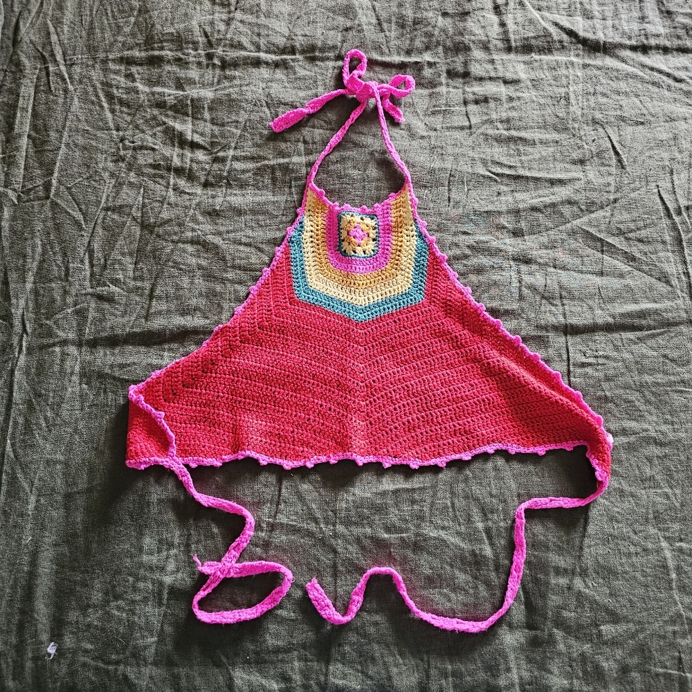 Aaron and Amber knit cropped tie top backless red pink yellow blue S